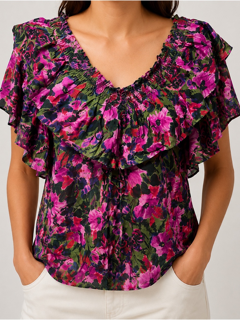 New Something Navy brand Magenta and Olive Floral Ruffle V-Neck Blouse XXS $115